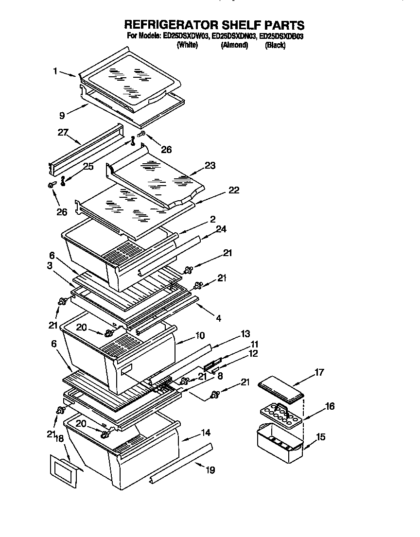 Whirlpool ED25DSXDB03 refrigerator shelf diagram