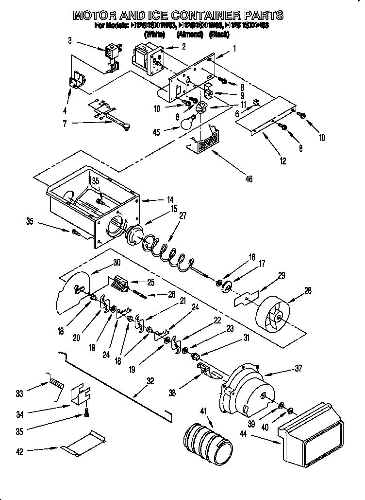 Whirlpool ED25DSXDB03 motor and ice container diagram