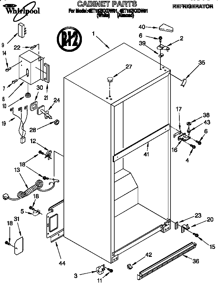 Whirlpool 4ET18ZKXDN01 cabinet diagram