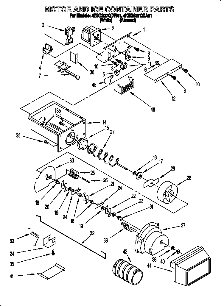 KitchenAid 4KSRS27QDA01 motor and ice container diagram