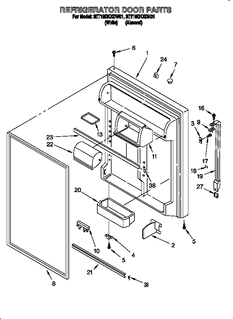 Whirlpool 3ET19DKXDW01 refrigerator door diagram
