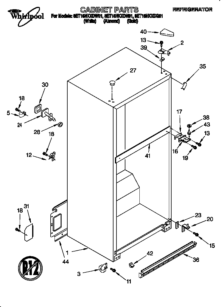Whirlpool 8ET16NKXDW01 cabinet diagram