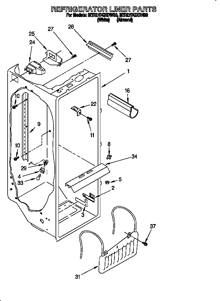 Whirlpool 3ED27DQXDN00 refrigerator liner diagram