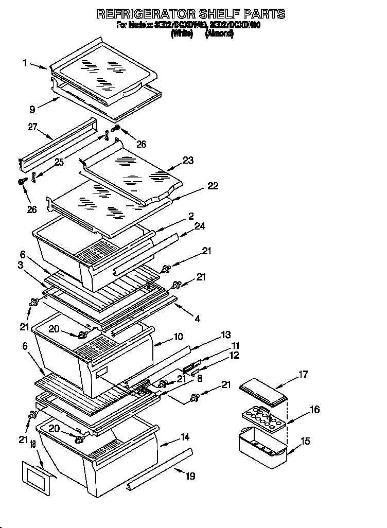 Whirlpool 3ED27DQXDN00 refrigerator shelf diagram