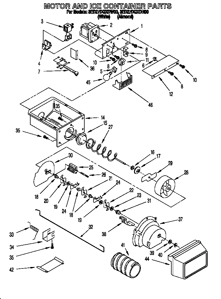 Whirlpool 3ED27DQXDN00 motor and ice container diagram