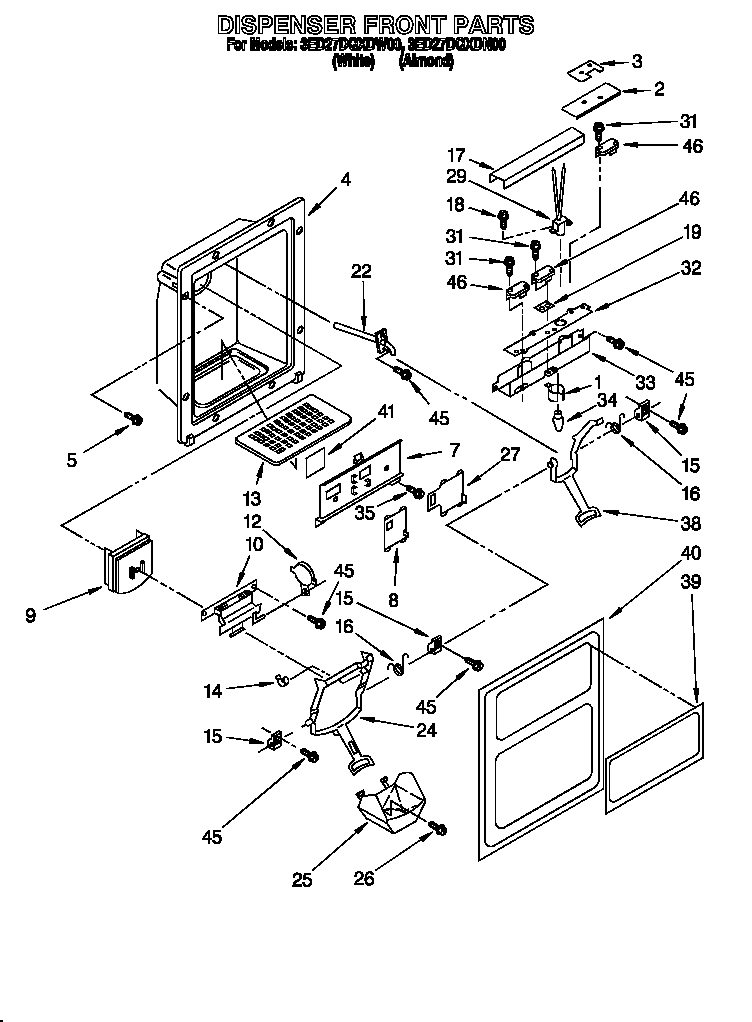 Whirlpool 3ED27DQXDN00 dispenser front diagram