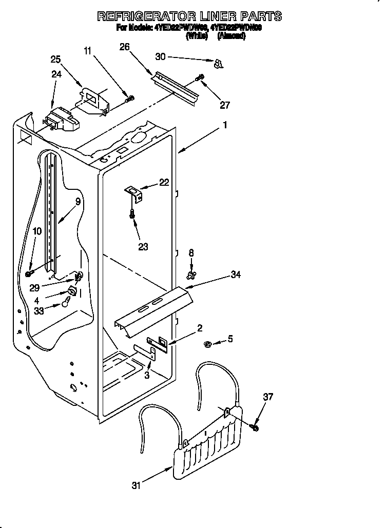 Whirlpool 4YED22PWDN00 refrigerator liner diagram