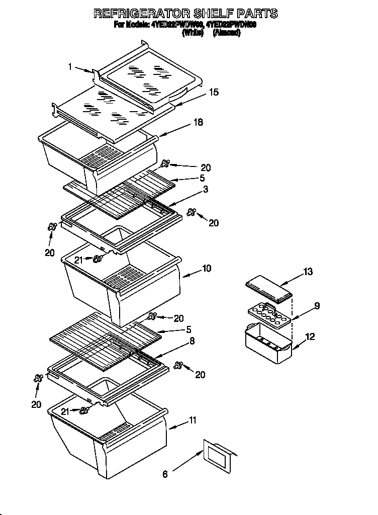 Whirlpool 4YED22PWDN00 refrigerator shelf diagram