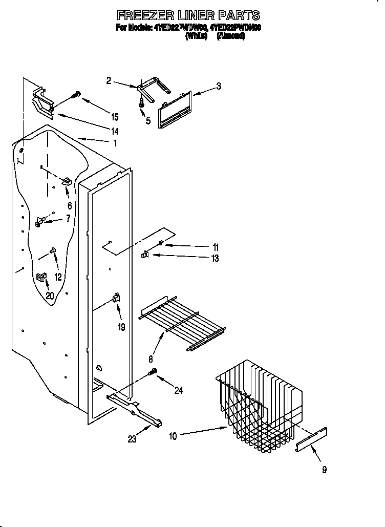Whirlpool 4YED22PWDN00 freezer liner diagram