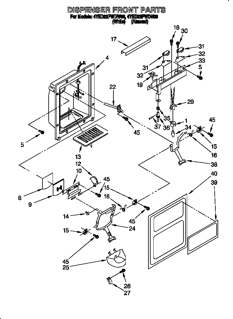 Whirlpool 4YED22PWDN00 dispenser front diagram