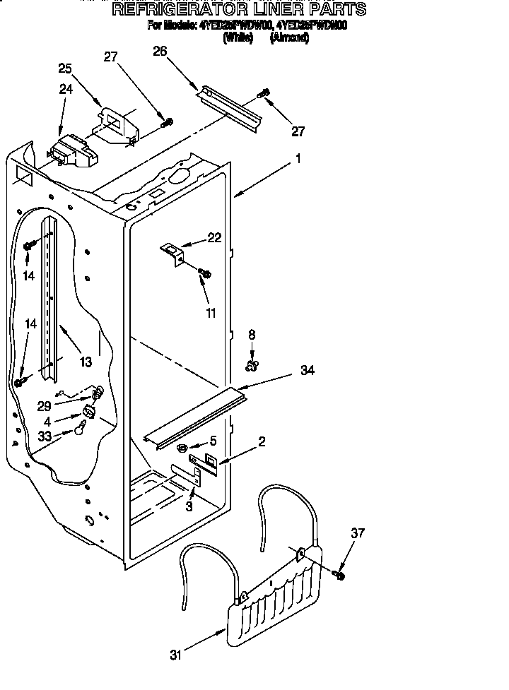 Whirlpool 4YED25PWDW00 refrigerator liner diagram