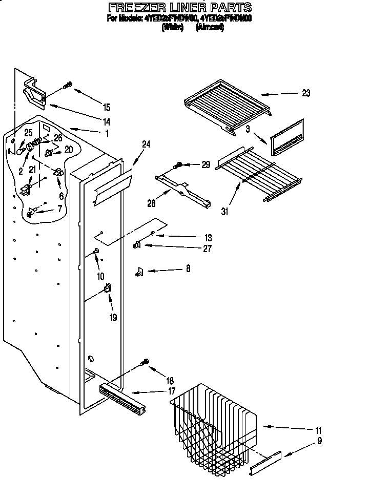 Whirlpool 4YED25PWDW00 freezer liner diagram
