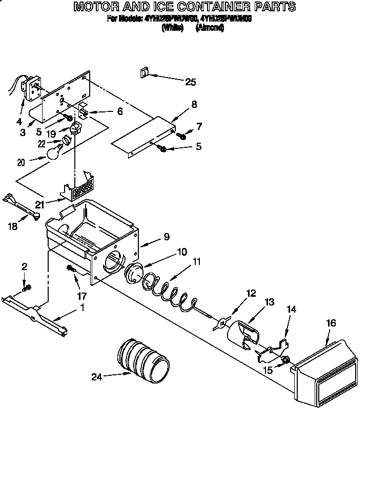 Whirlpool 4YED25PWDW00 motor and ice container diagram