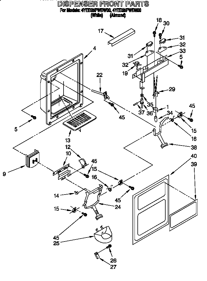 Whirlpool 4YED25PWDW00 dispenser front diagram