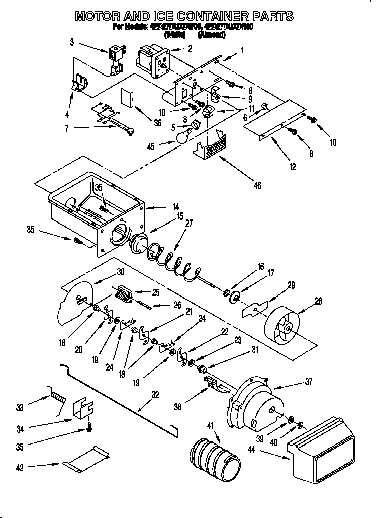Whirlpool 4ED27DQXDW00 motor and ice container diagram