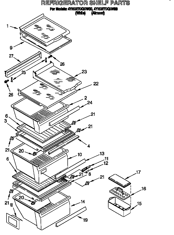 Whirlpool 4YED27DQDN00 refrigerator shelf diagram