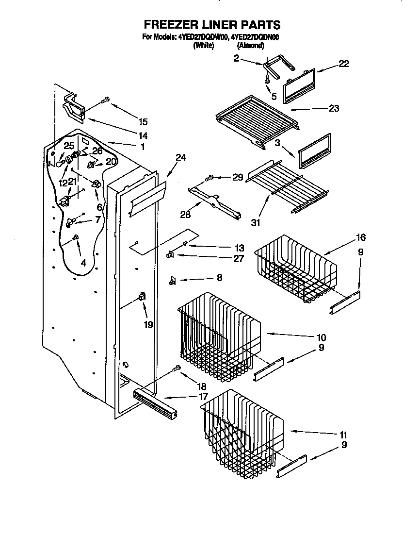 Whirlpool 4YED27DQDN00 freezer liner diagram