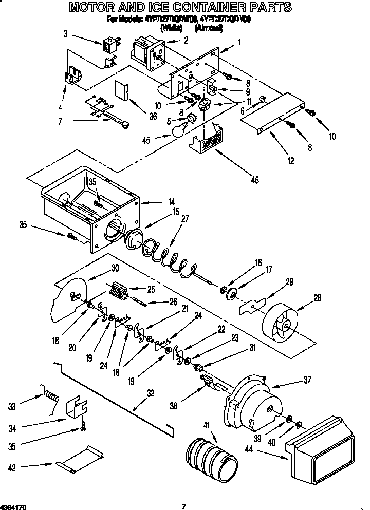 Whirlpool 4YED27DQDN00 motor and ice container diagram