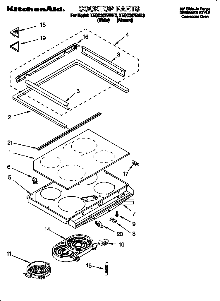 KitchenAid KESC307BWH3 cooktop diagram