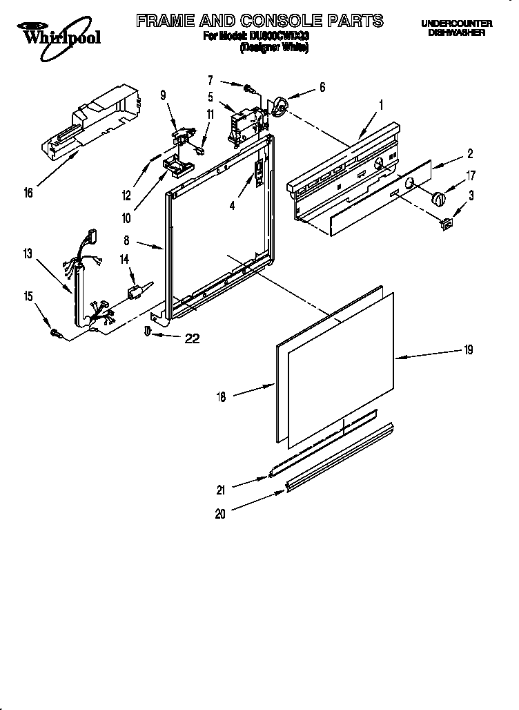 Whirlpool DU800CWDQ3 frame and console diagram