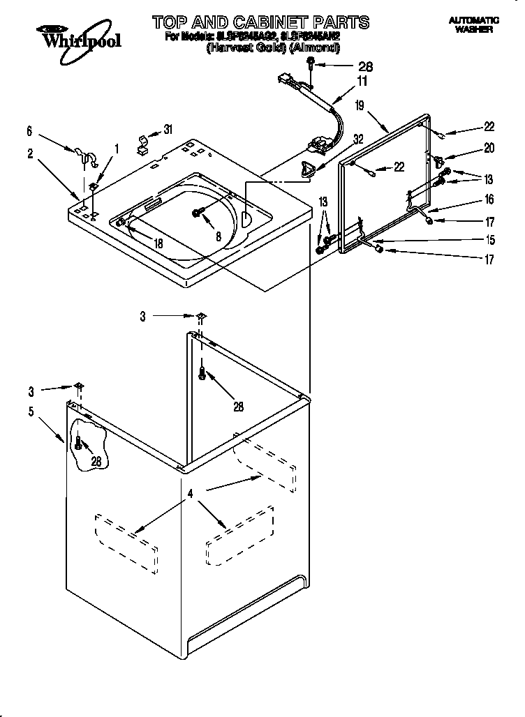Whirlpool 8LSP8245AG2 top and cabinet diagram