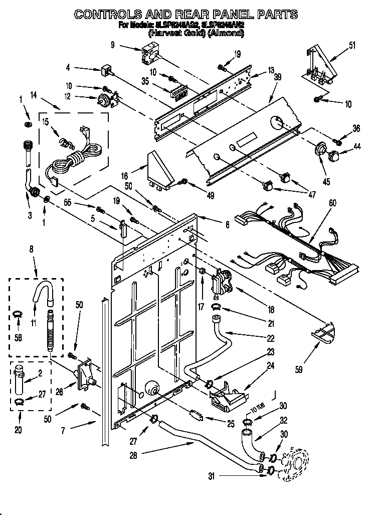 Whirlpool 8LSP8245AG2 controls and rear panel diagram