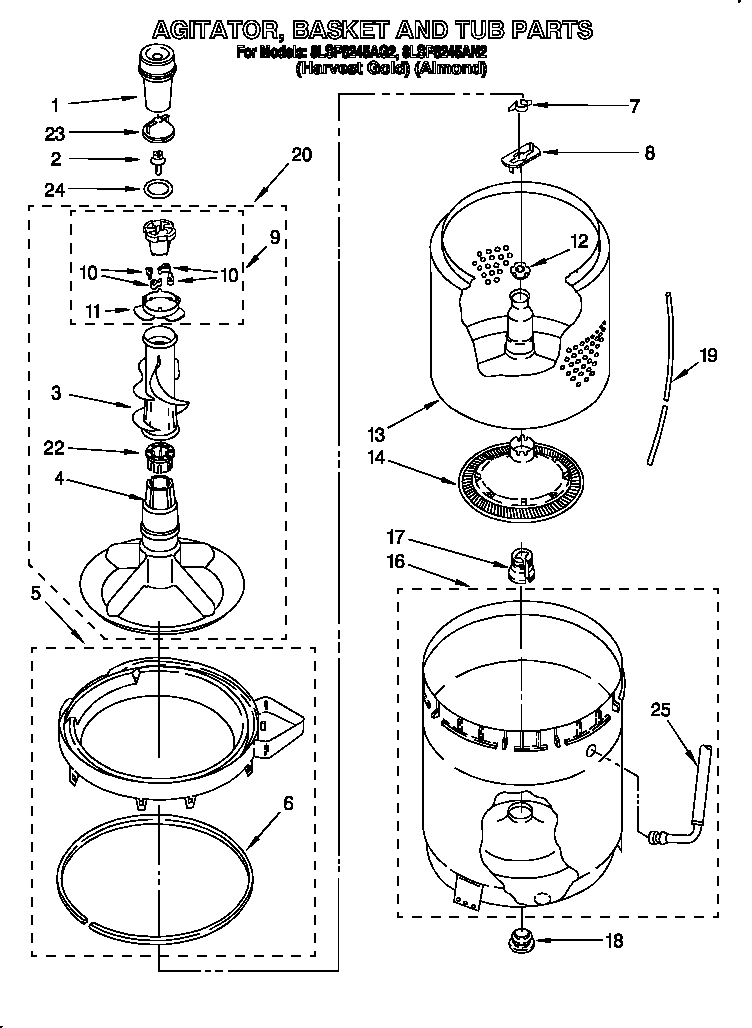 Whirlpool 8LSP8245AG2 agitator, basket and tub diagram