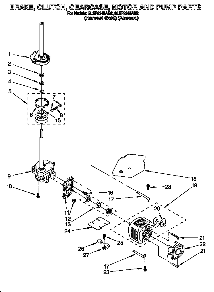 Whirlpool 8LSP8245AG2 brake, clutch, gearcase, motor and pump diagram