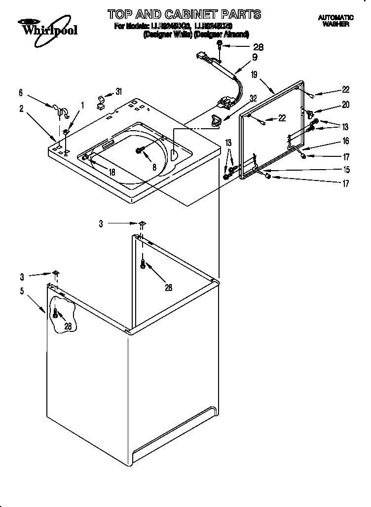 Whirlpool LLR9245DZ0 top and cabinet diagram