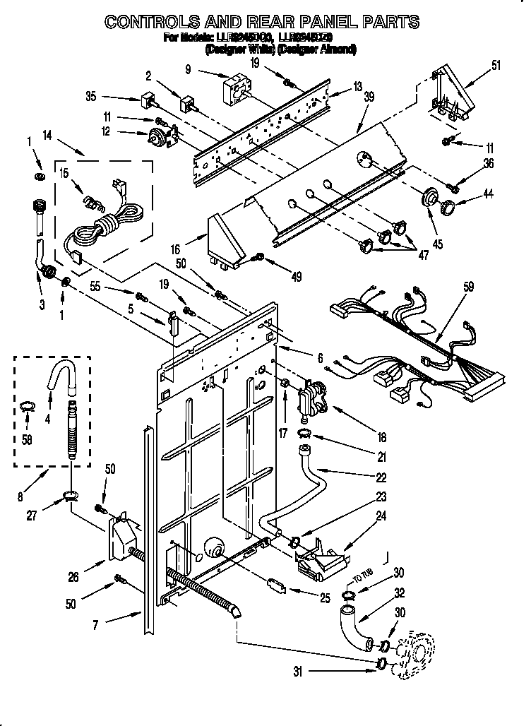 Whirlpool LLR9245DZ0 controls and rear panel diagram