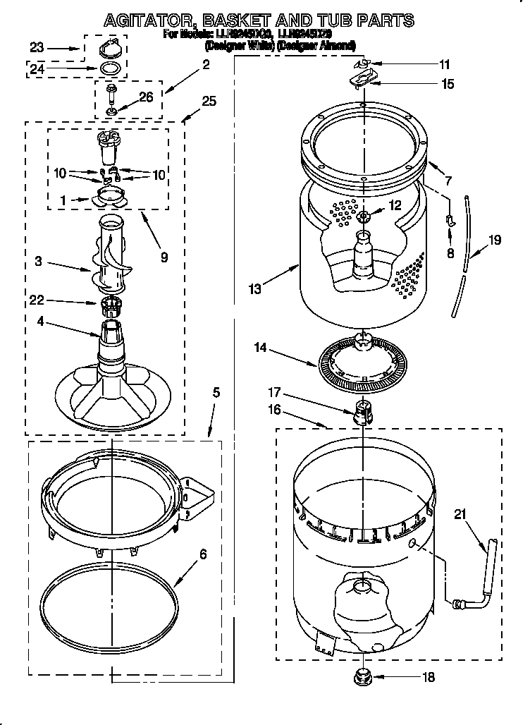 Whirlpool LLR9245DZ0 agitator, basket and tub diagram