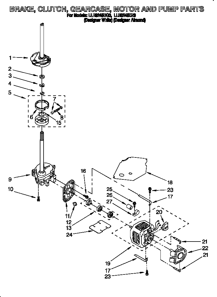 Whirlpool LLR9245DZ0 brake, clutch, gearcase, motor and pump diagram