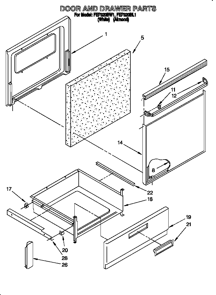 Roper FEP320BL1 door and drawer diagram
