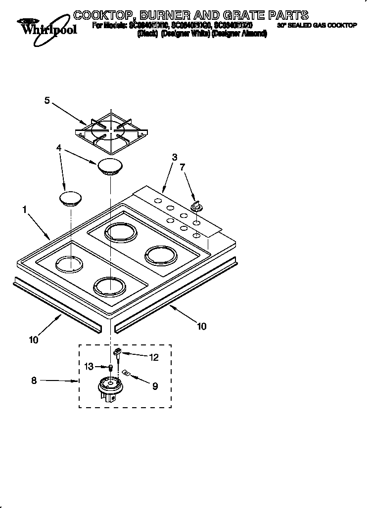 Whirlpool SC8640EDB0 cooktop, burner and grate diagram