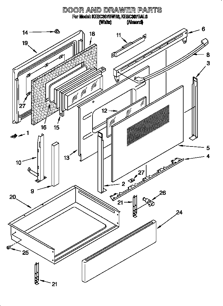 KitchenAid KESC307BWH8 door and drawer diagram