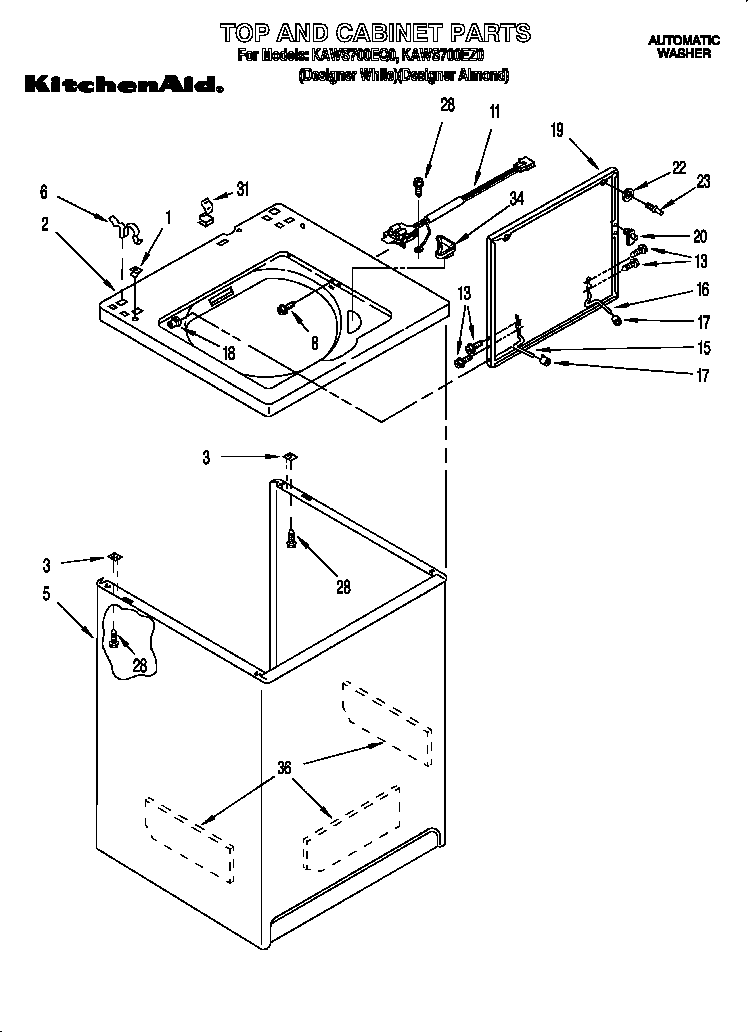 KitchenAid KAWS700EZ0 top and cabinet diagram