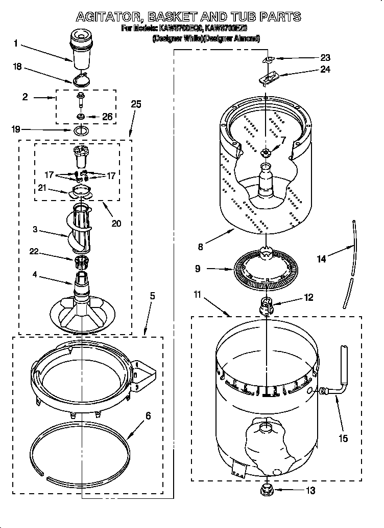 KitchenAid KAWS700EZ0 agitator, basket and tub diagram