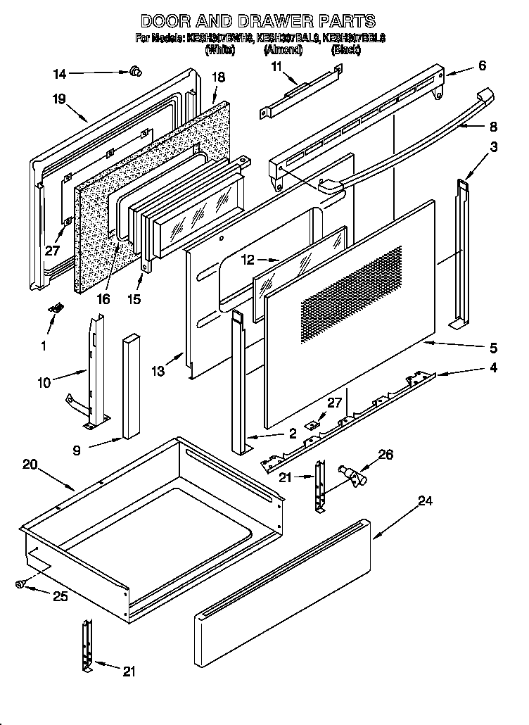 KitchenAid KESH307BWH8 door and drawer diagram