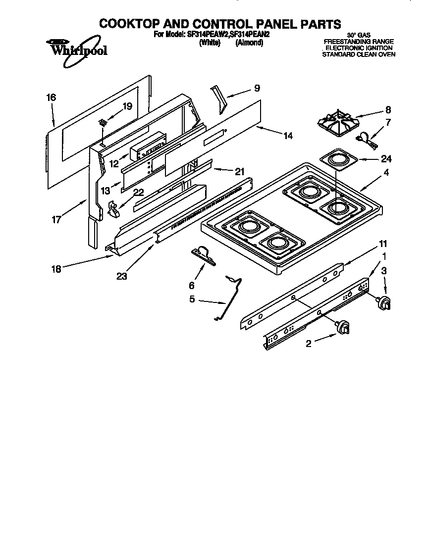 Whirlpool SF314PEAW2 cooktop and control panel diagram