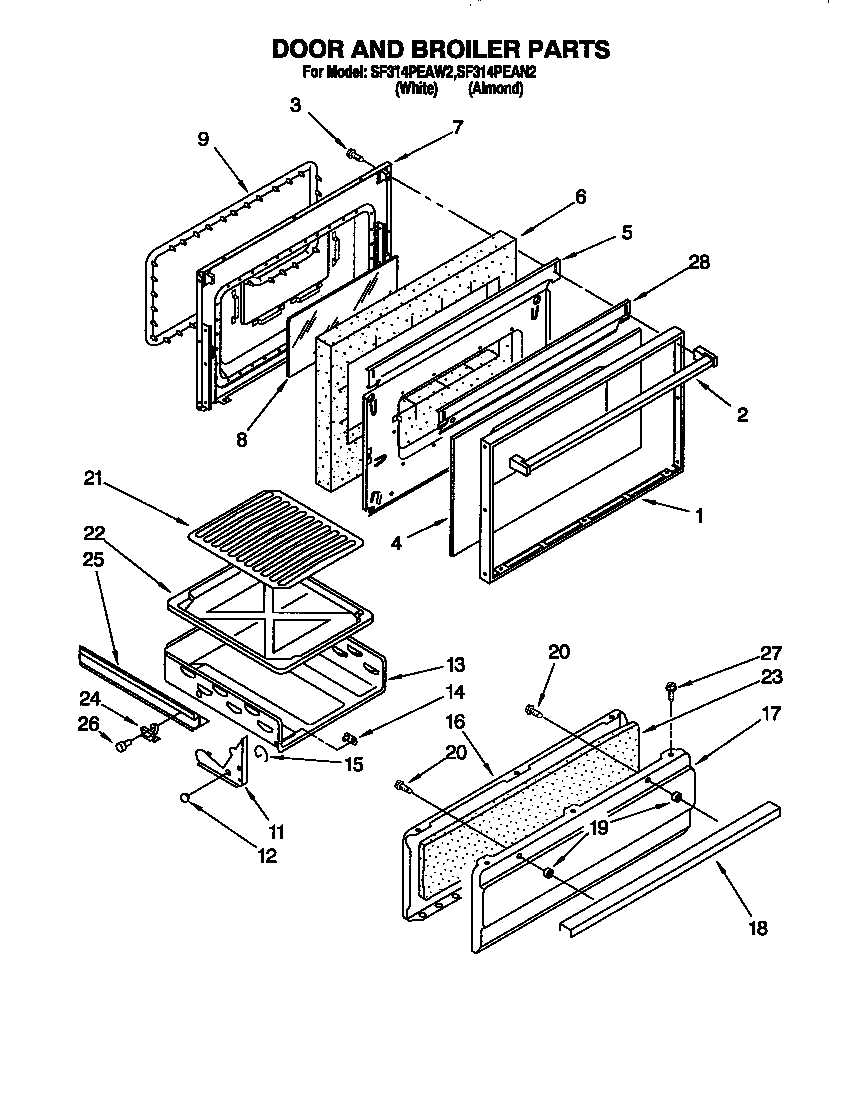 Whirlpool SF314PEAW2 door and broiler diagram