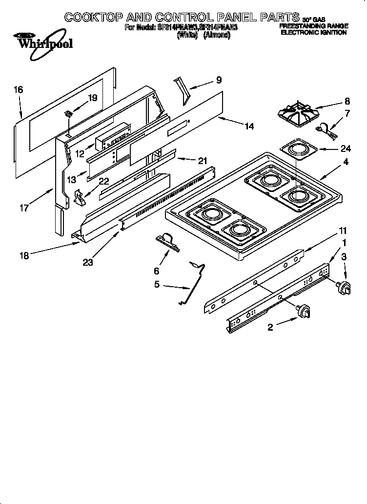 Whirlpool SF314PEAN3 cooktop and control panel diagram