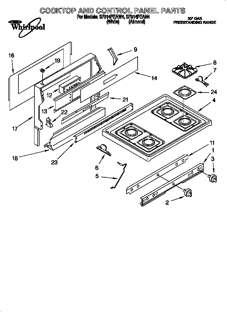 Whirlpool SF314PEAN4 cooktop and control panel diagram