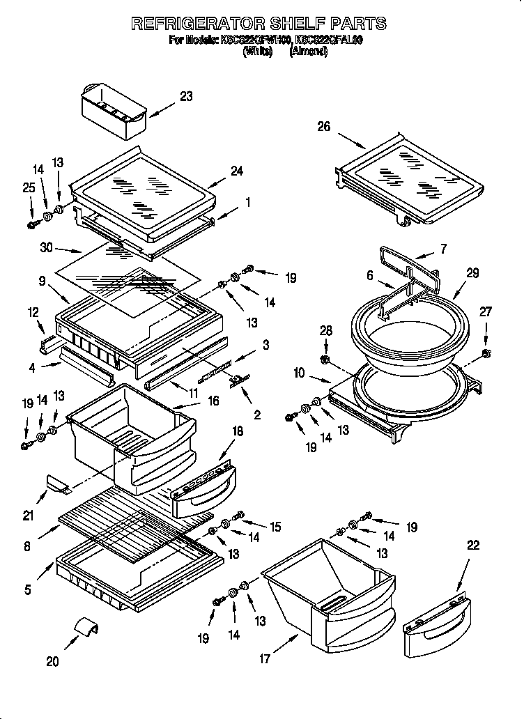 KitchenAid KSCS22QFAL00 refrigerator shelf diagram