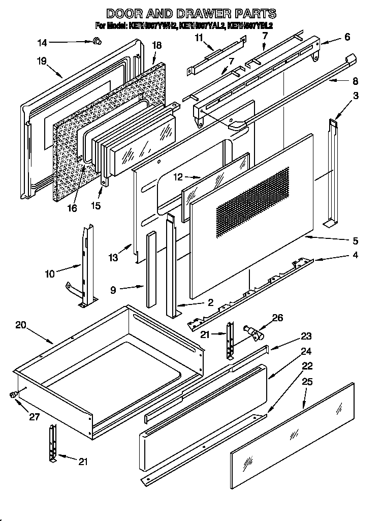 KitchenAid KERH507YAL2 door and drawer diagram