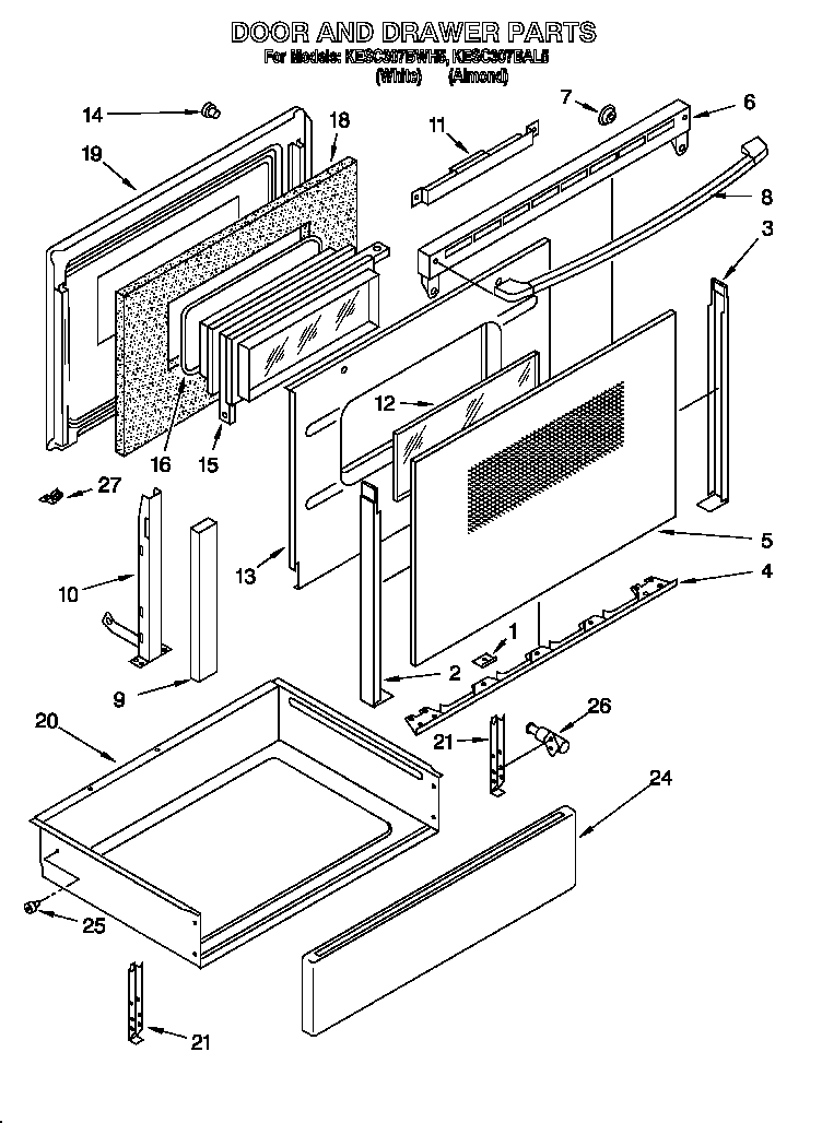 KitchenAid KESC307BAL5 door and drawer diagram
