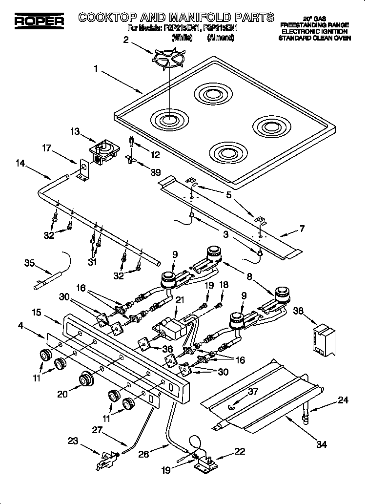Roper FGP215EN1 cooktop and manifold diagram