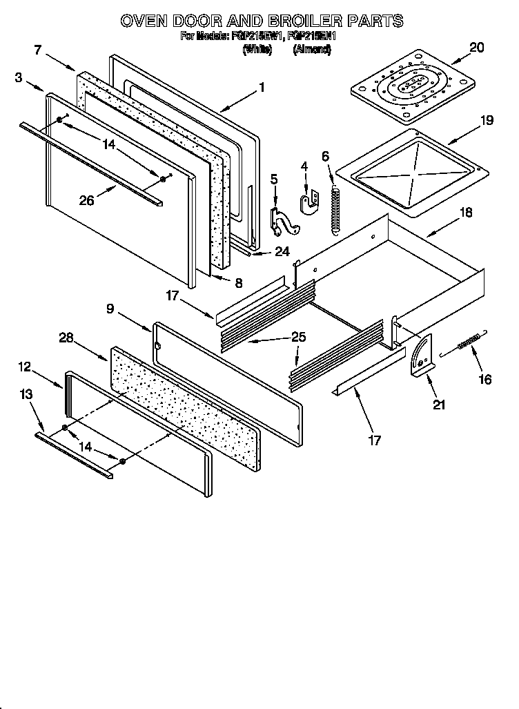 Roper FGP215EN1 oven door and broiler diagram
