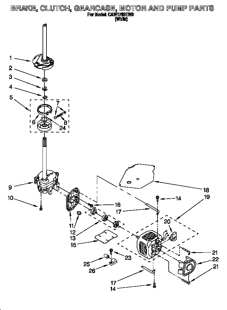 Whirlpool CAW1762EW0 brake, clutch, gearcase, motor and pump diagram