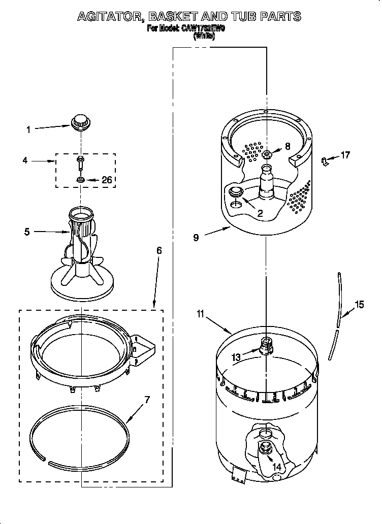 Whirlpool CAW1762EW0 agitator, basket and tub diagram