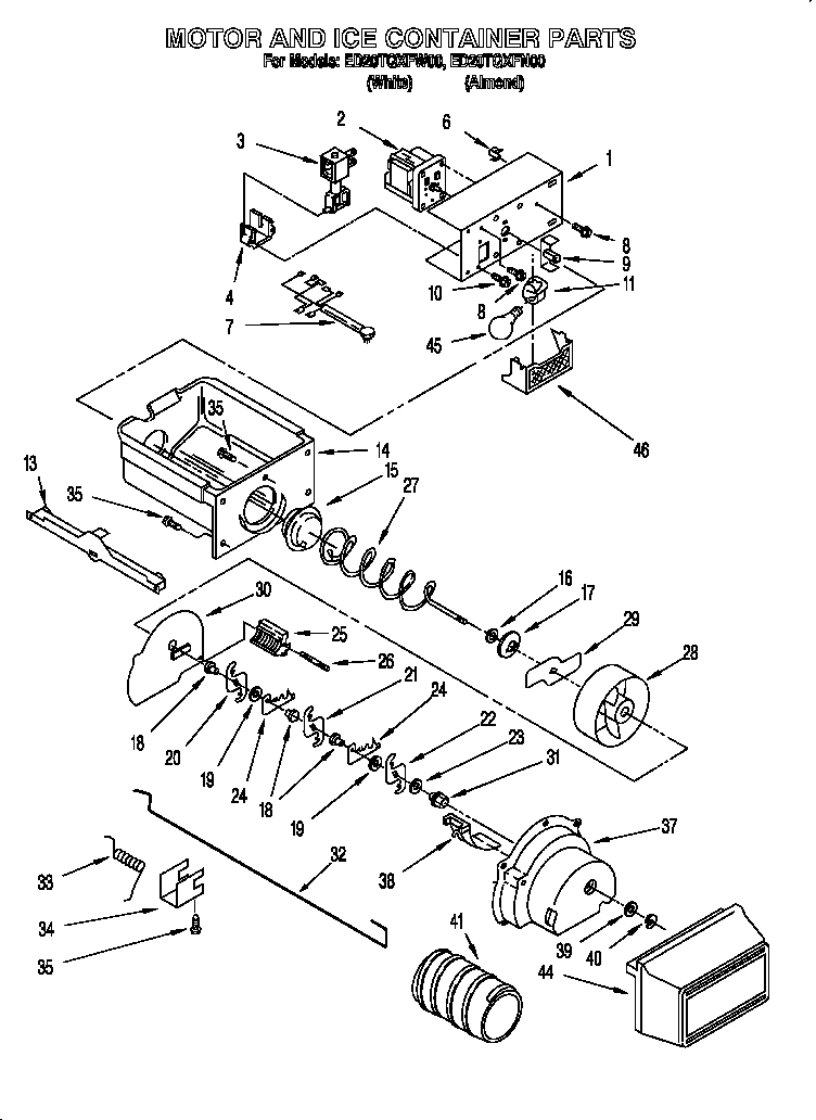 Whirlpool ED20TQXFN00 motor and ice container diagram